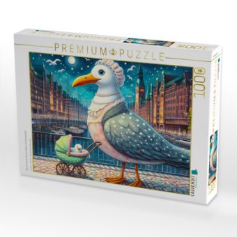Produktbild: CALVENDO Puzzle M&ouml;we Emma am Abend mit Baby in der Speicherstadt | 1000 Teile Lege-Gr&ouml;&szlig;e 64x48cm Foto-Puzzle f&uuml;r gl&uuml;ckliche Stunden