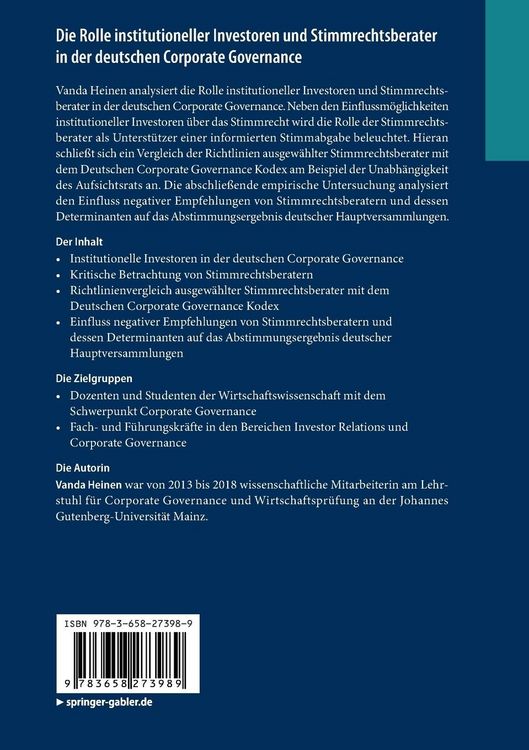 Produktbild: Die Rolle institutioneller Investoren und Stimmrechtsberater in der deutschen Corporate Governance