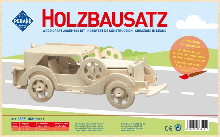 Produktbild: PEBARO 865/1 - Holzbausatz Oldtimer I, 46 Teile, Holzkonstruktion zum Zusammenstecken