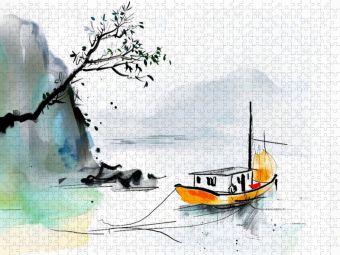 Produktbild: CALVENDO Puzzle Chinesische Dschunke am Ufer eines Sees. Tuschemalerei | 2000 Teile Lege-Gr&ouml;&szlig;e 90x67cm Foto-Puzzle f&uuml;r gl&uuml;ckliche Stunden