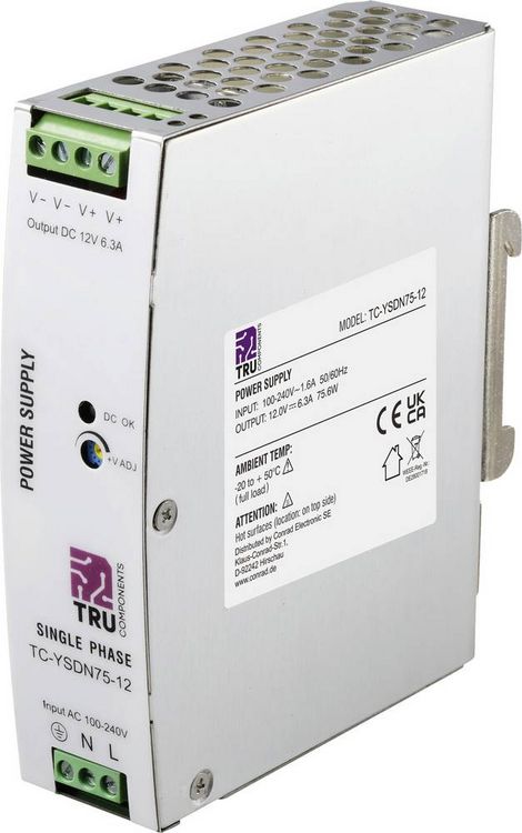 Produktbild: TRU COMPONENTS TC-13804588 Hutschienen-Netzteil (DIN-Rail) 12 V/DC 6.3 A 75.6 W Anzahl Ausg&auml;nge:1 x Inhalt 1 St.