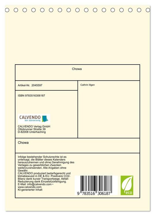 Produktbild: Chowa (Tischkalender 2026 DIN A5 hoch), CALVENDO Monatskalender