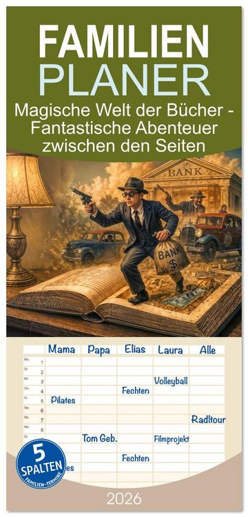 Produktbild: Familienplaner 2026 - Magische Welt der B&uuml;cher - Fantastische Abenteuer zwischen den Seiten mit 5 Spalten (Wandkalender, 21 x 45 cm) CALVENDO