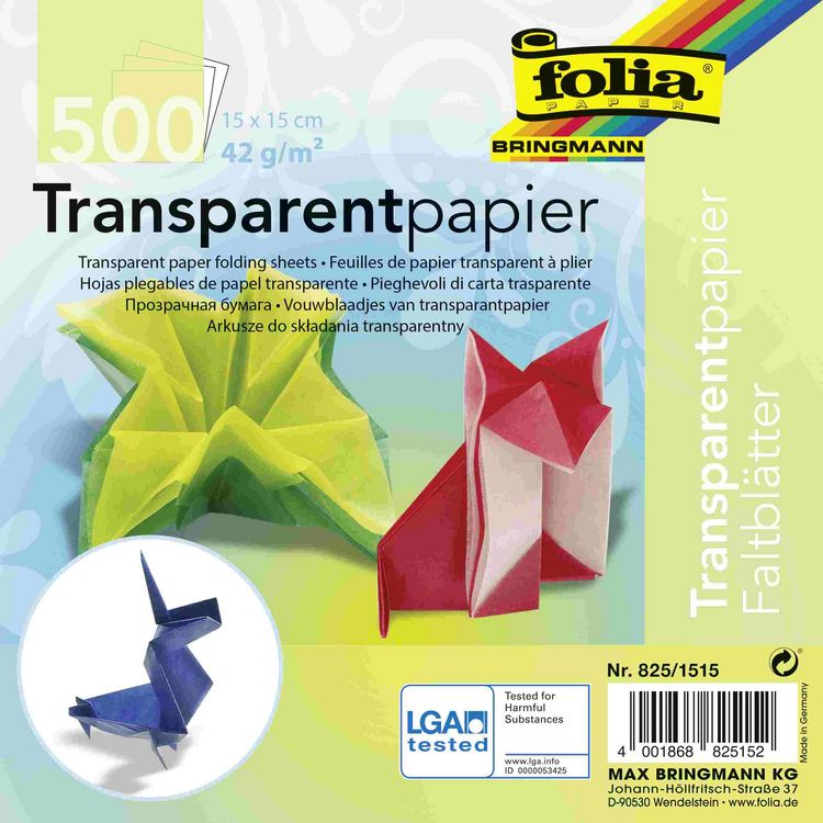 Produktbild: Folia  Transparentpapier-Faltbl&auml;tter 42g/m&sup2;, 15x15cm, 500 Blatt, farbig sortiert