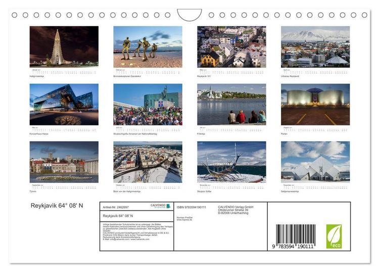 Produktbild: Reykjav&igrave;k 64&deg; 08' N (Wandkalender 2027 DIN A4 quer), CALVENDO Monatskalender