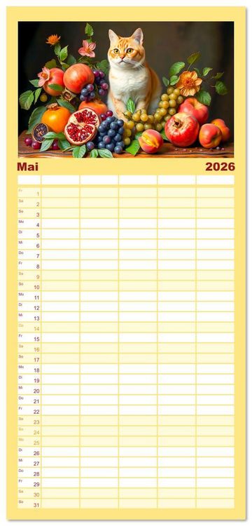 Produktbild: Familienplaner 2026 - Klassische Katzenportr&auml;ts - Katzen in opulenten Stillleben mit 5 Spalten (Wandkalender, 21 x 45 cm) CALVENDO