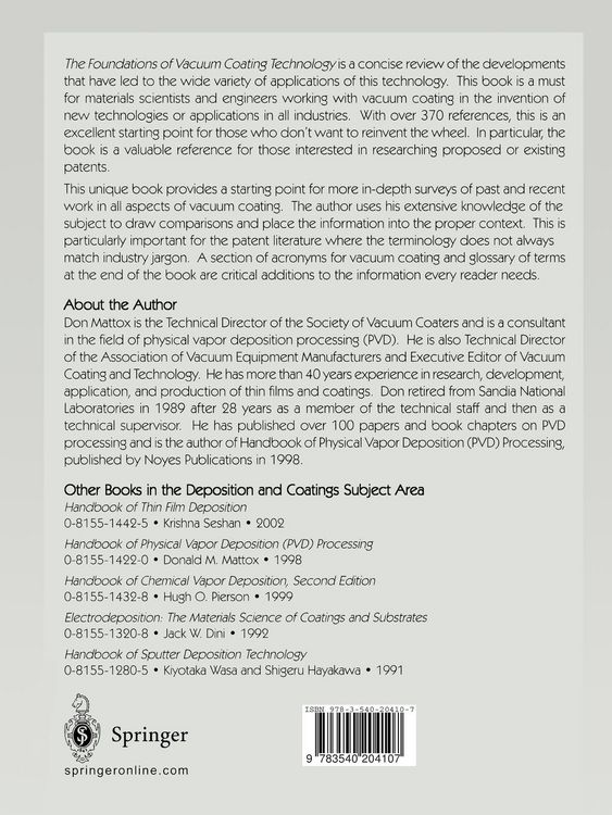 Produktbild: The Foundations of Vacuum Coating Technology