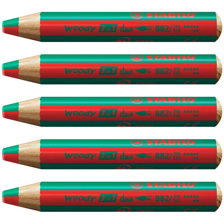 Produktbild: STABILO  woody 3 in 1 duo - zweifarbige Mine, 5er Set rot/dunkelgr&uuml;n