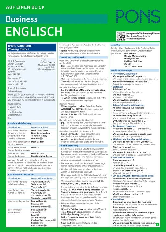 Produktbild: PONS Business English auf einen Blick