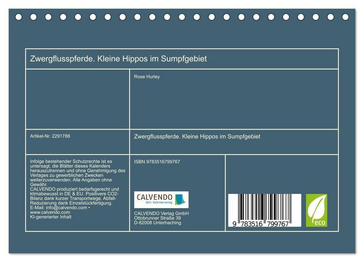 Produktbild: Zwergflusspferde. Kleine Hippos im Sumpfgebiet (Tischkalender 2027 DIN A5 quer), CALVENDO Monatskalender