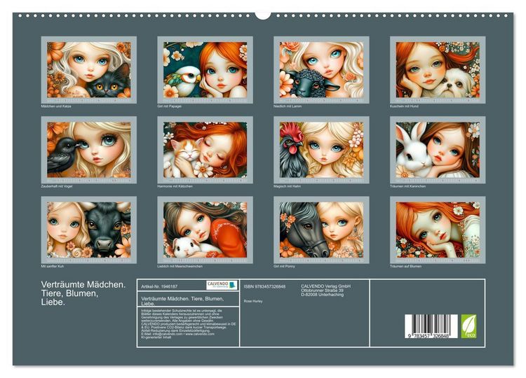 Produktbild: Vertr&auml;umte M&auml;dchen. Tiere, Blumen, Liebe. (hochwertiger Premium Wandkalender 2026 DIN A2 quer), Kunstdruck in Hochglanz