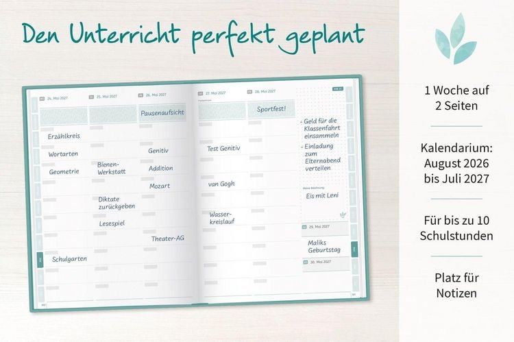 Produktbild: Mein Lehrerplaner A5+ &ndash; Hardcover &ndash; Lehrerkalender f&uuml;r das Schuljahr 2026/2027 &ndash; Bl&auml;ttermeer