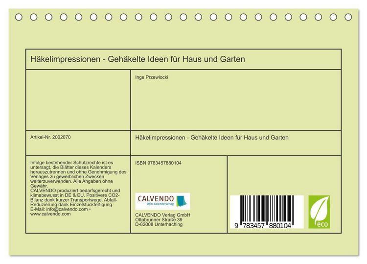 Produktbild: H&auml;kelimpressionen - Geh&auml;kelte Ideen f&uuml;r Haus und Garten (Tischkalender 2026 DIN A5 quer), CALVENDO Monatskalender