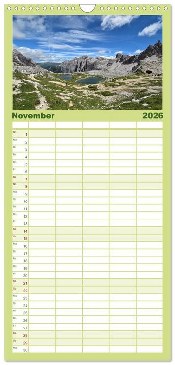 Produktbild: Familienplaner 2026 - Hoch oben in den DOLOMITEN mit 5 Spalten (Wandkalender, 21 x 45 cm) CALVENDO