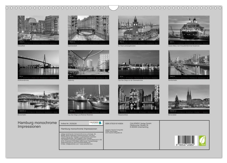 Produktbild: Hamburg monochrome Impressionen (Wandkalender 2026 DIN A3 quer), CALVENDO Monatskalender