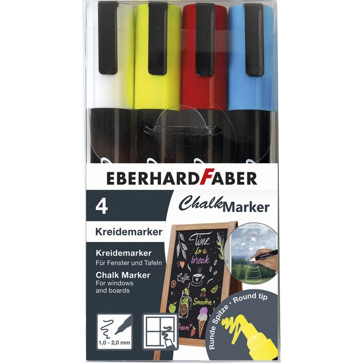 Produktbild: EBERHARD FABER Kreidemarker Chalk Marker 4 Farben 1 bis 2mm 4 St&uuml;ck Rundspitze Kartonetui