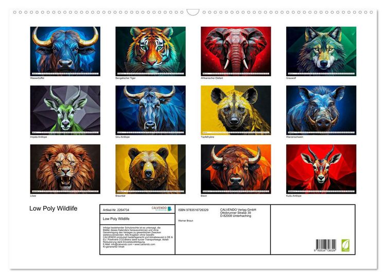 Produktbild: Low Poly Wildlife (Wandkalender 2026 DIN A2 quer), CALVENDO Monatskalender