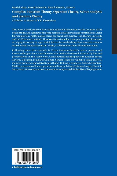 Produktbild: Complex Function Theory, Operator Theory, Schur Analysis and Systems Theory