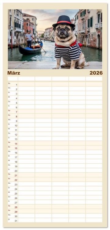 Produktbild: Familienplaner 2026 - Eine Mopsige Weltreise mit 5 Spalten (Wandkalender, 21 x 45 cm) CALVENDO