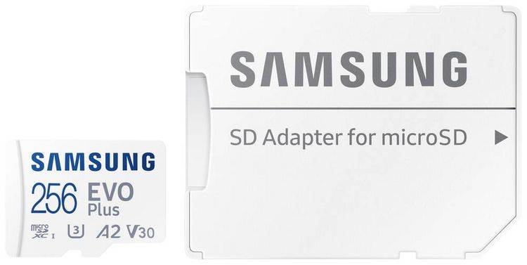 Produktbild: Samsung EVO Plus microSD-Karte Retail 256 GB UHS-I, v30 Video Speed Class, A2 Application Performance Class inkl. SD-Adapter