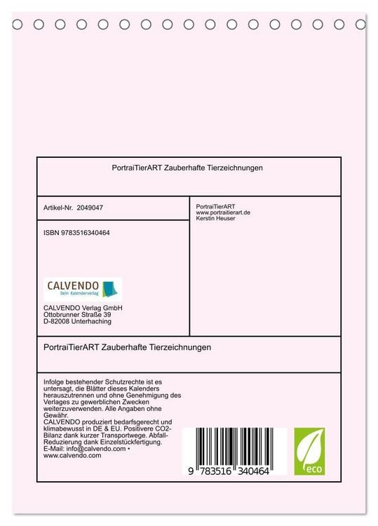 Produktbild: PortraiTierART Zauberhafte Tierzeichnungen (Tischkalender 2026 DIN A5 hoch), CALVENDO Monatskalender