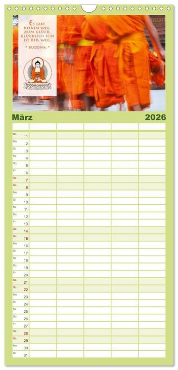 Produktbild: Familienplaner 2026 - BUDDHA im GL&Uuml;CK &ndash; Weisheiten aus Asien mit 5 Spalten (Wandkalender, 21 x 45 cm) CALVENDO