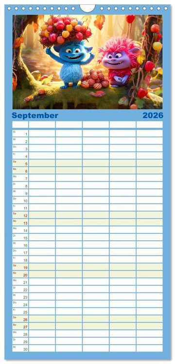 Produktbild: Familienplaner 2026 - Die bunte Welt der Trolle mit 5 Spalten (Wandkalender, 21 x 45 cm) CALVENDO