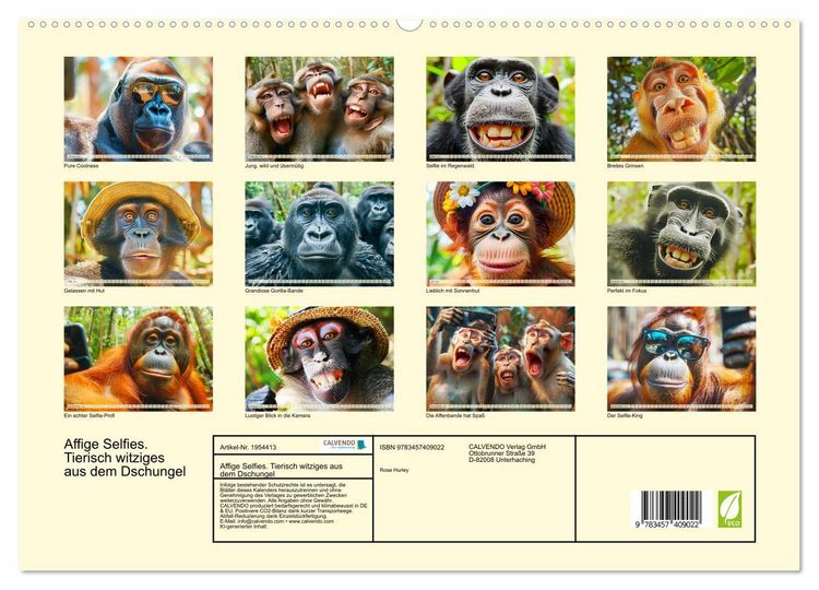 Produktbild: Affige Selfies. Tierisch witziges aus dem Dschungel (hochwertiger Premium Wandkalender 2026 DIN A2 quer), Kunstdruck in Hochglanz