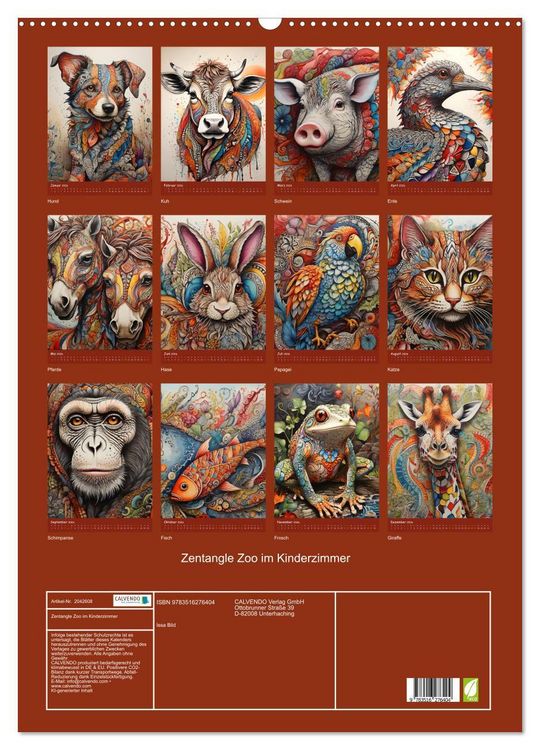 Produktbild: Zentangle Zoo im Kinderzimmer (Wandkalender 2026 DIN A2 hoch), CALVENDO Monatskalender