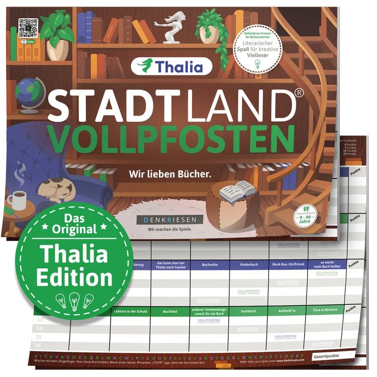 Produktbild: DENKRIESEN - Stadt Land Vollpfosten® Thalia Edition – "Wir lieben Bücher." ¦ A4 Spielblock