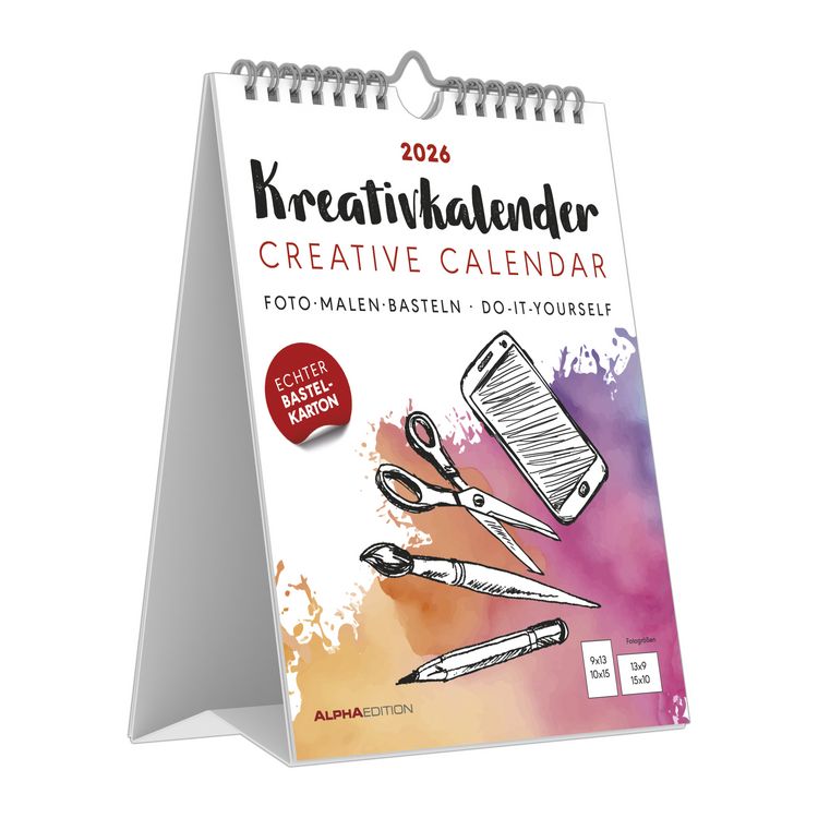 Produktbild: Kreativ-Kalender Tischaufsteller hoch weiß 2026 - 16 x 20 - Foto, Malen, Basteln A4 - datiert - Kreativkalender - Foto-Kalender - Alpha Edition