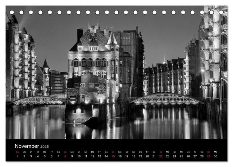 Produktbild: Hamburg monochrome Impressionen (Tischkalender 2026 DIN A5 quer), CALVENDO Monatskalender