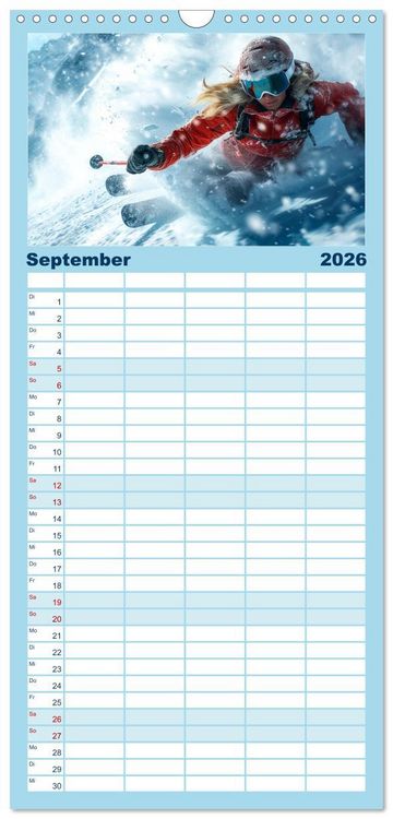 Produktbild: Familienplaner 2026 - Skifahren - tolle Momente mit 5 Spalten (Wandkalender, 21 x 45 cm) CALVENDO