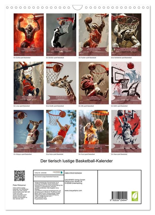 Produktbild: Der tierisch lustige Basketball-Kalender (Wandkalender 2026 DIN A3 hoch), CALVENDO Monatskalender