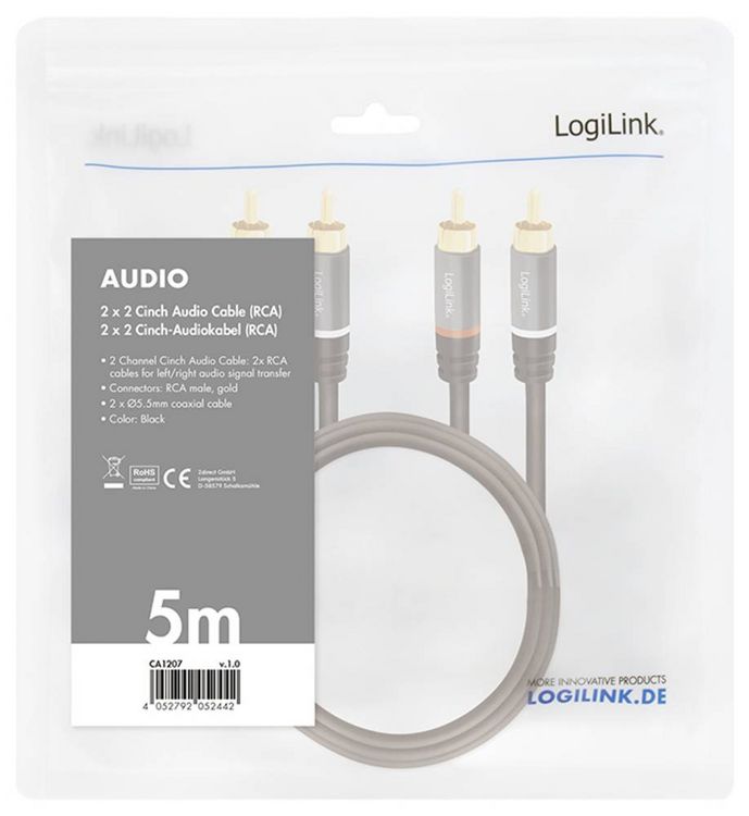 Produktbild: LogiLink CA1207 Cinch Audio Anschlusskabel 5.0m Schwarz Geschirmt, Farbcodiert