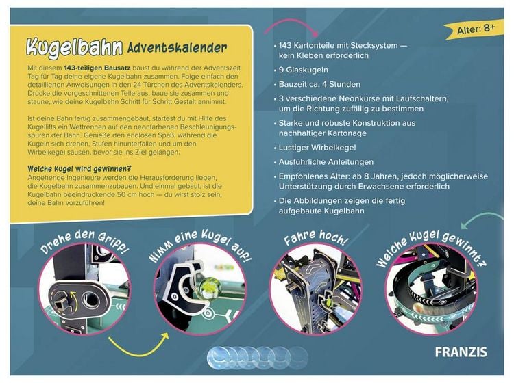 Produktbild: FRANZIS 67300 - Kugelbahn Adventskalender. In 24 Tagen zur eigenen Kugelbahn. Mit nachhaltiger Kartonage. F&uuml;r Kinder ab 8 Jahren