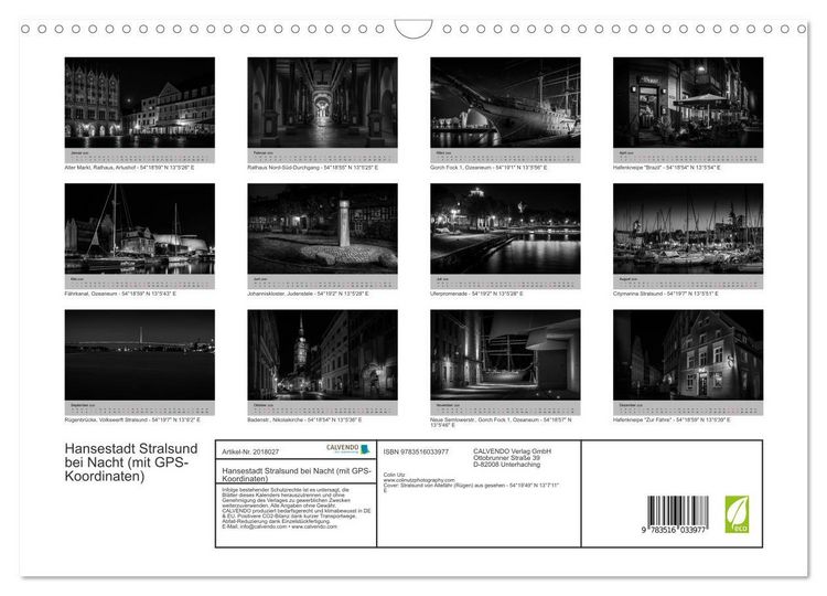 Produktbild: Hansestadt Stralsund bei Nacht (mit GPS-Koordinaten) (Wandkalender 2026 DIN A3 quer), CALVENDO Monatskalender