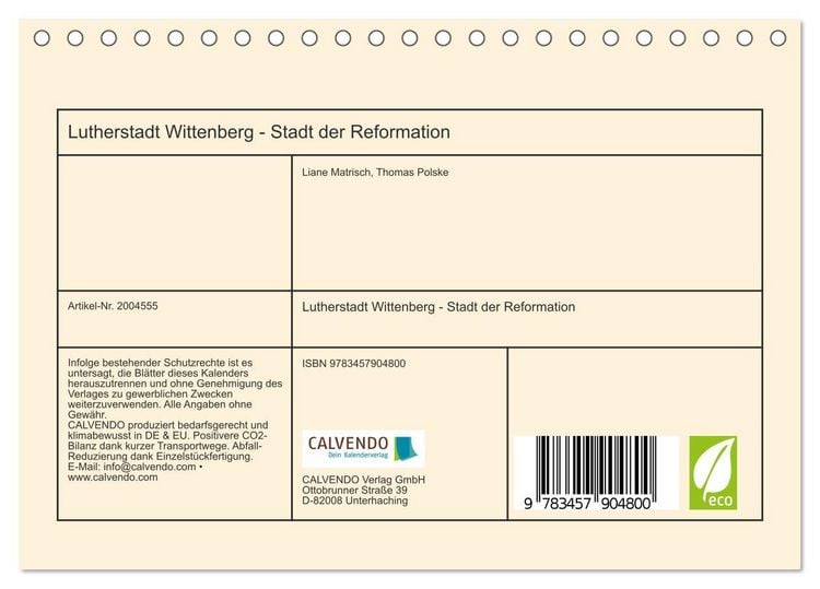 Produktbild: Lutherstadt Wittenberg - Stadt der Reformation (Tischkalender 2026 DIN A5 quer), CALVENDO Monatskalender