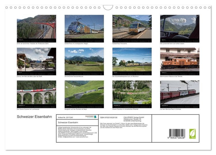 Produktbild: Schweizer Eisenbahn (Wandkalender 2026 DIN A3 quer), CALVENDO Monatskalender