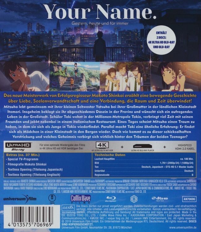 Produktbild: Your Name. - Gestern, heute und f&uuml;r immer (4K Ultra HD) (+ Blu-ray 2D)