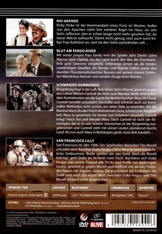 Produktbild: Die John Wayne Collection - Vol. 1 (Rio Grande / Blut am Fargo River / Schwarzes Kommando / San Francisco Lilly) [4 DVDs]
