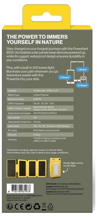Produktbild: Aqiila Powerbird BS10 AQPBPBIBS1SG973 Solar-Powerbank 6 W 10000 mAh