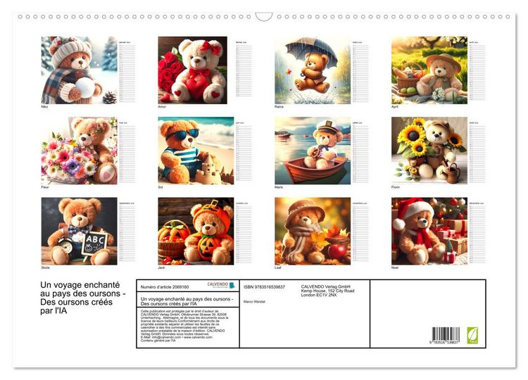 Produktbild: Un voyage enchant&eacute; au pays des oursons -Des oursons cr&eacute;&eacute;s par l'IA (Calendrier mural 2026 DIN A2 vertical), CALVENDO calendrier mensuel