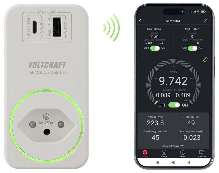 Produktbild: VOLTCRAFT SEM6503 CH Energiekosten-Messger&auml;t USB-Schnittstelle, inkl. Funksteckdose, Datenexport, Datenloggerfunktion