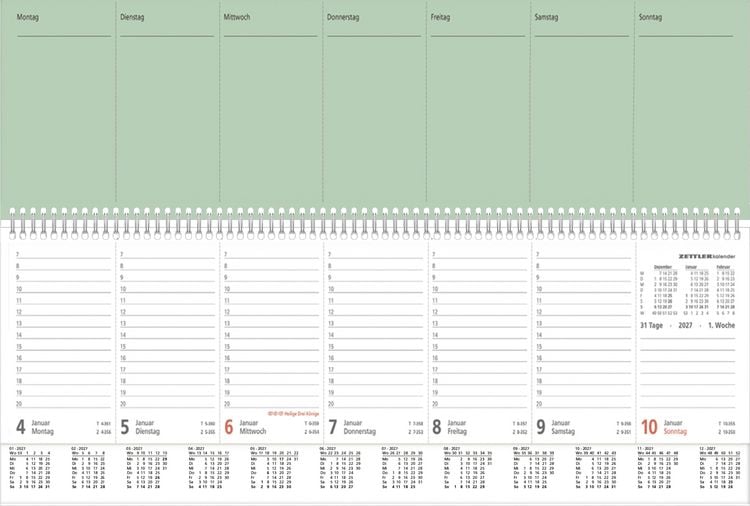 Produktbild: Tischquerkalender 1W/2S PERFO XL gr&uuml;n 2027