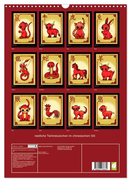 Produktbild: niedliche Tierkreiszeichen im chinesischem Stil (Wandkalender 2026 DIN A3 hoch), CALVENDO Monatskalender
