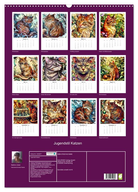 Produktbild: Jugendstil Katzen (Wandkalender 2026 DIN A2 hoch), CALVENDO Monatskalender