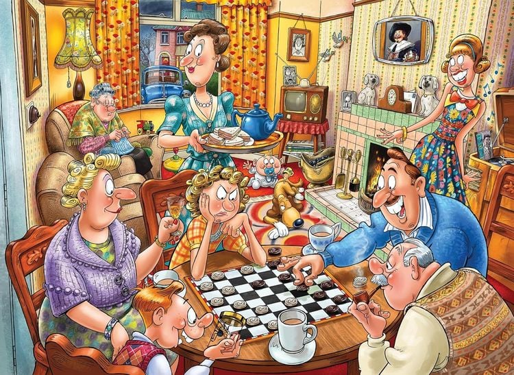 Produktbild: Jumbo 1110100594 - Wasgij Destiny 25, Games Night!, Spieleabend, Comic-Puzzle, 1000 Teile