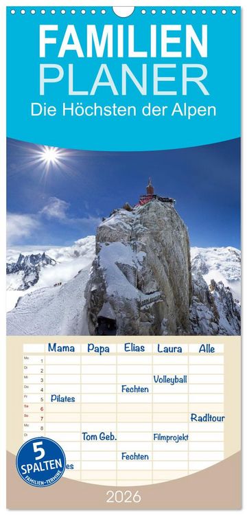 Produktbild: Familienplaner 2026 - Die H&ouml;chsten der Alpen mit 5 Spalten (Wandkalender, 21 x 45 cm) CALVENDO