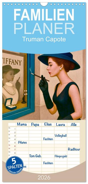 Produktbild: Familienplaner 2026 - Truman Capote mit 5 Spalten (Wandkalender, 21 x 45 cm) CALVENDO